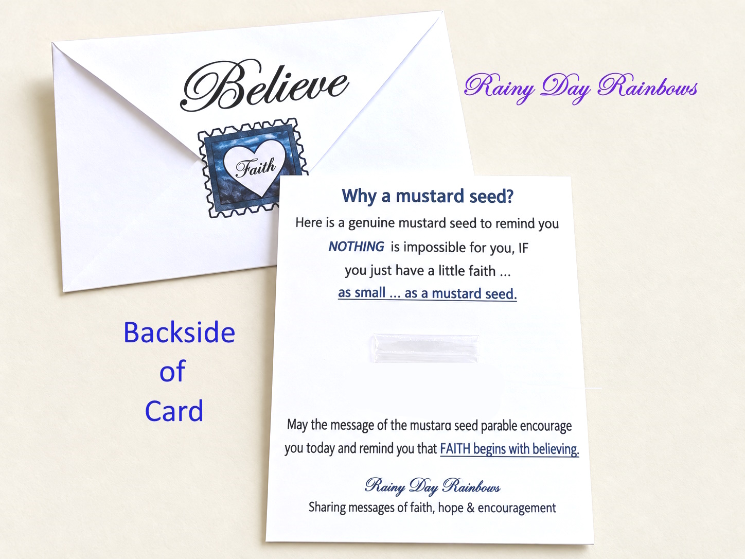 backside of card and envelope with Blue Mountain Sticker and Believe