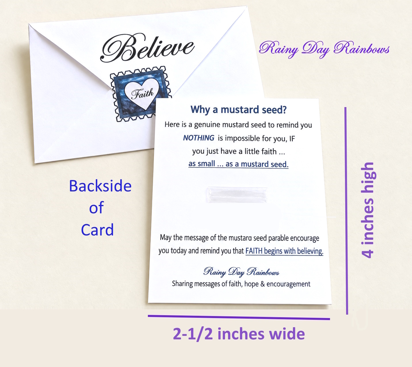 backside of card and envelope with Blue Mountain Sticker and Believe with Measurements