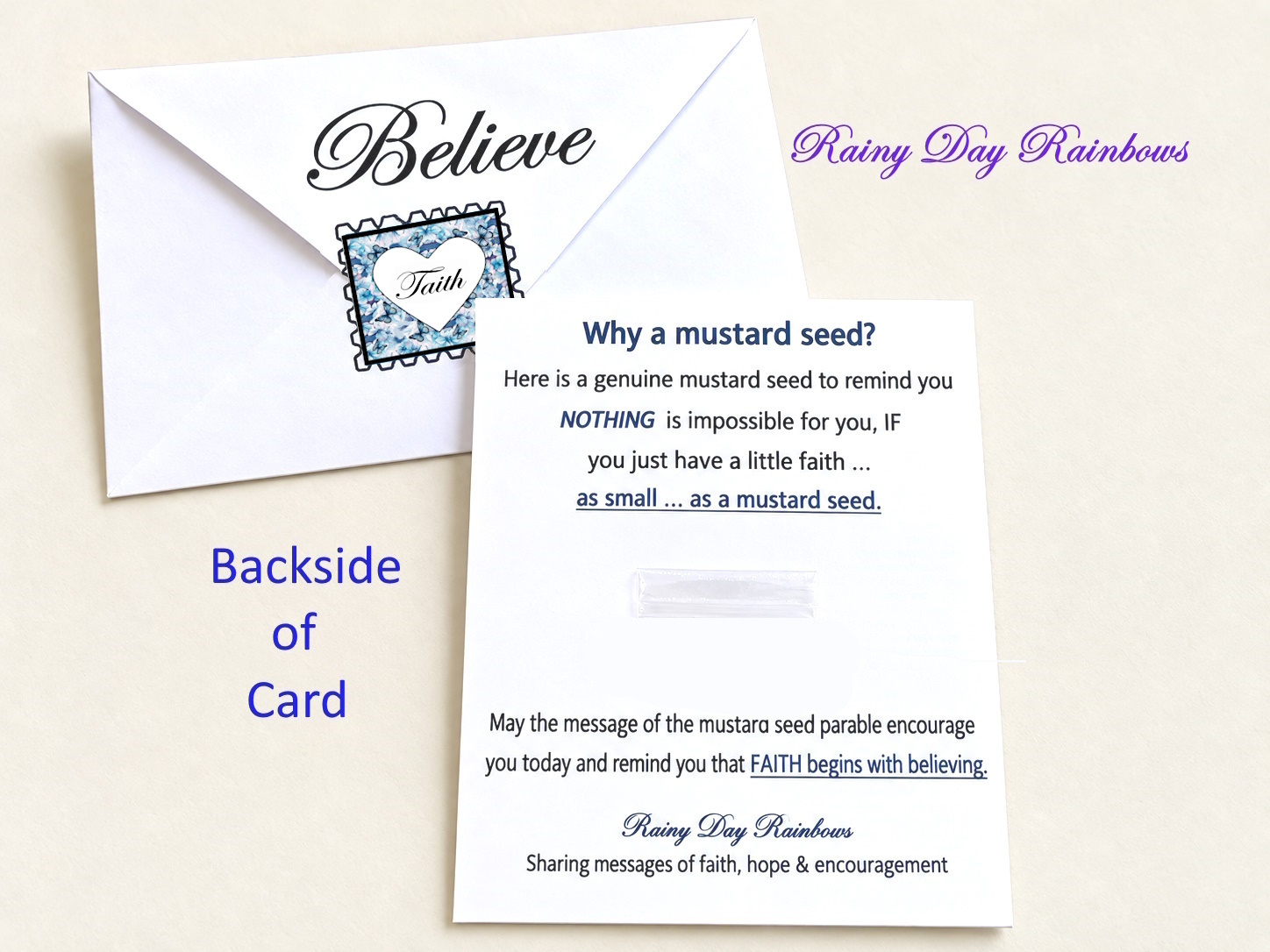 backside of card and envelope with Blue Butterflies Sticker and Believe