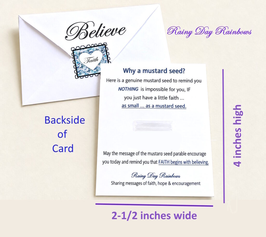 backside of card and envelope with Blue Butterflies Sticker and Believe with measurements