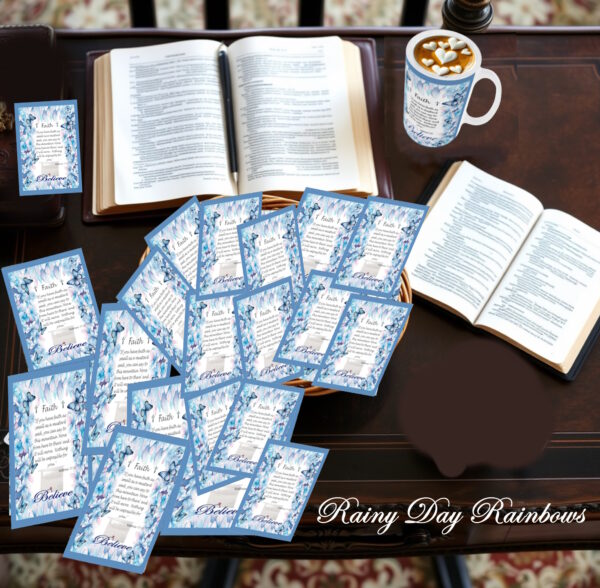 100 Mustard Seed Faith Blue Floral Faith Cards, Handmade, Mustard Seed Parable Matthew 17, Mustard Seed