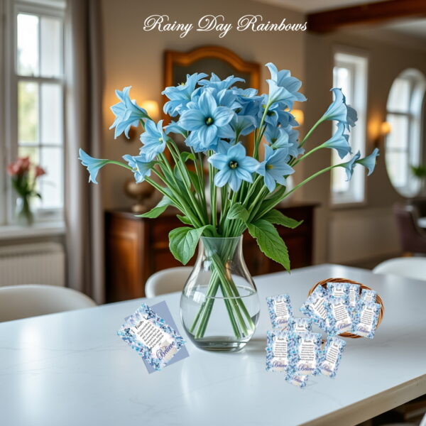 blue flower table card envelope basket extra cards