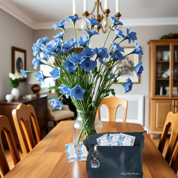 purse on table blue flowers