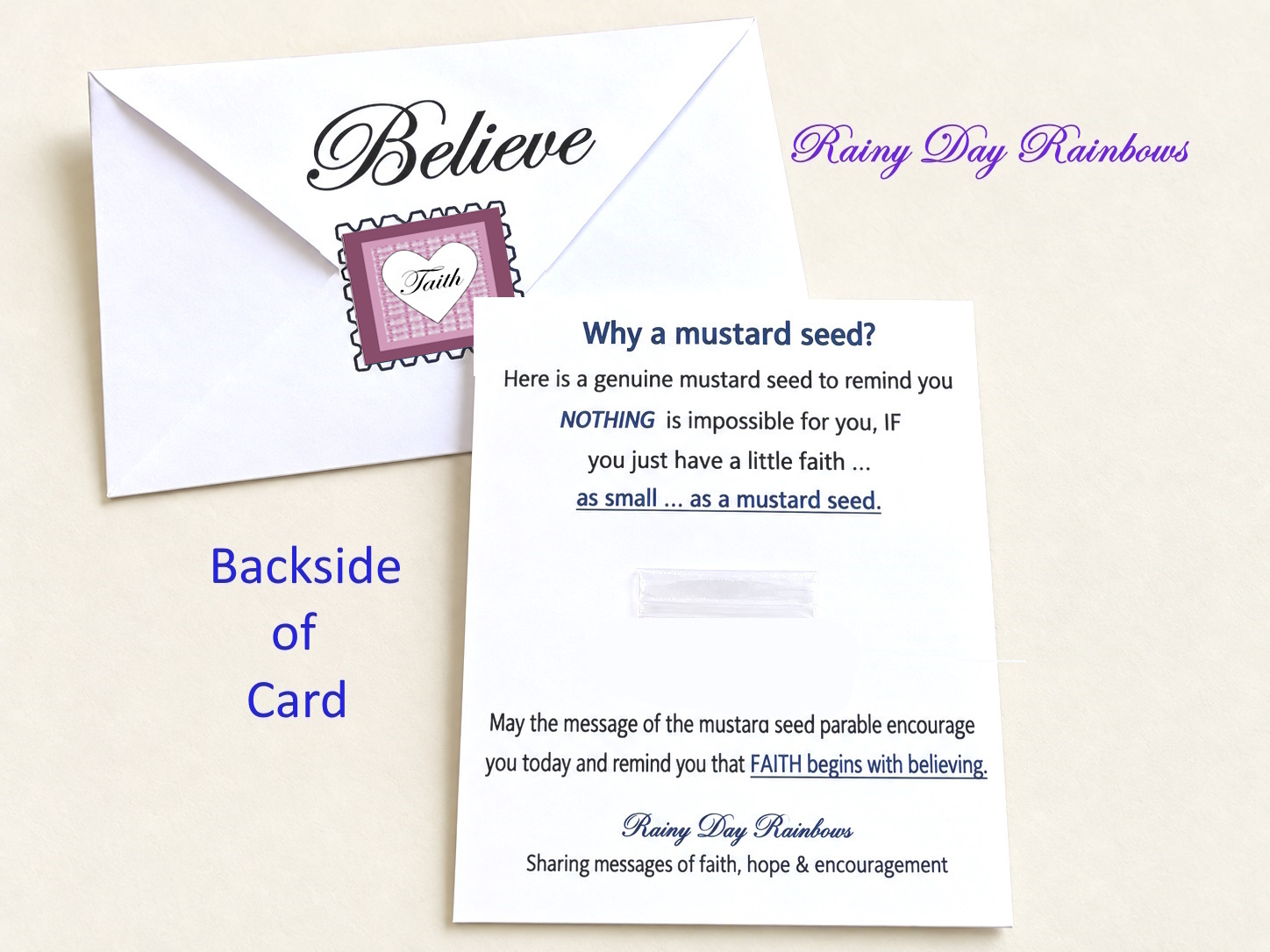 backside of card and envelope with Pink Spring Sticker and Believe