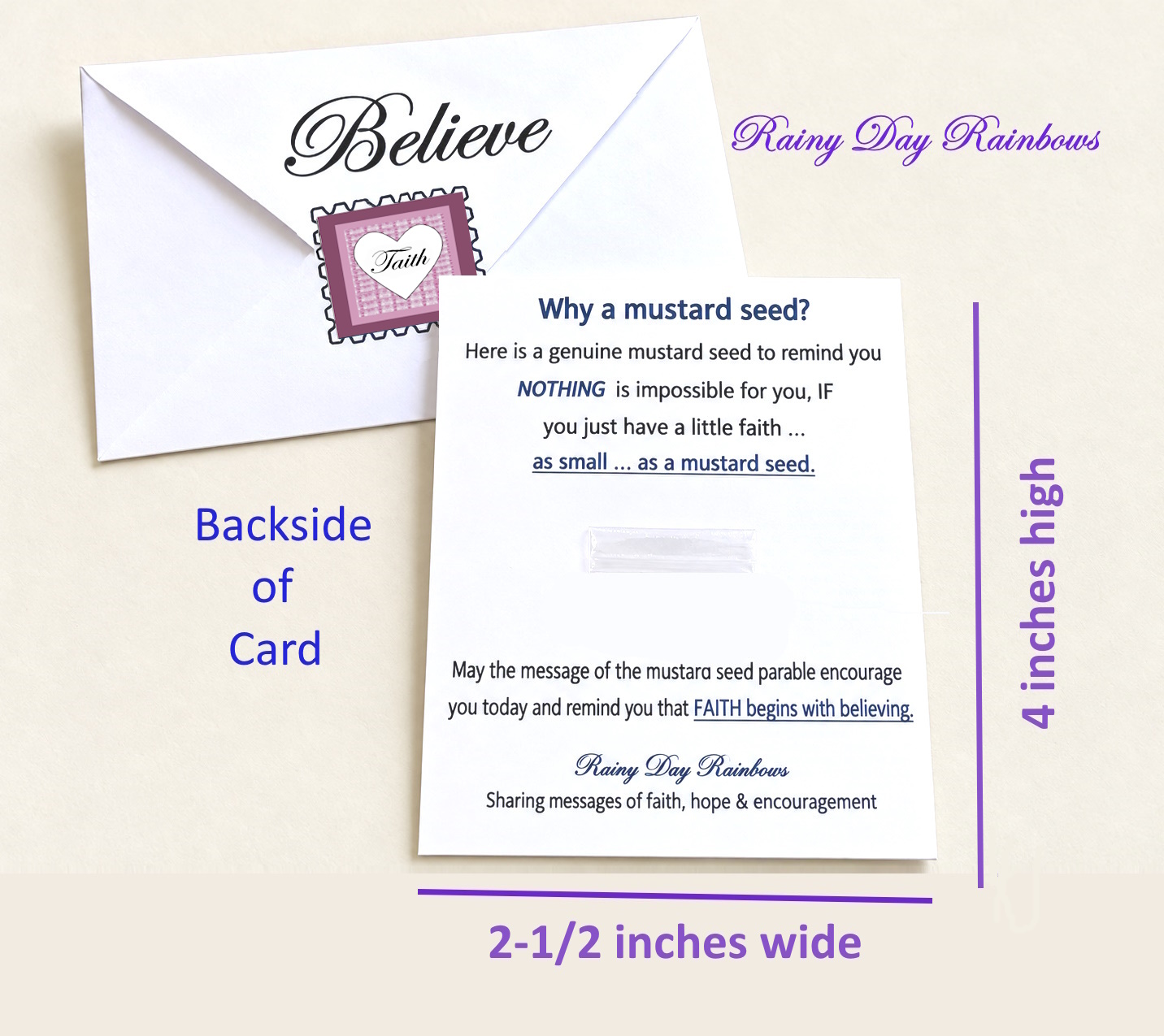 backside of card with measurements and envelope with Pink Spring Sticker and Believe