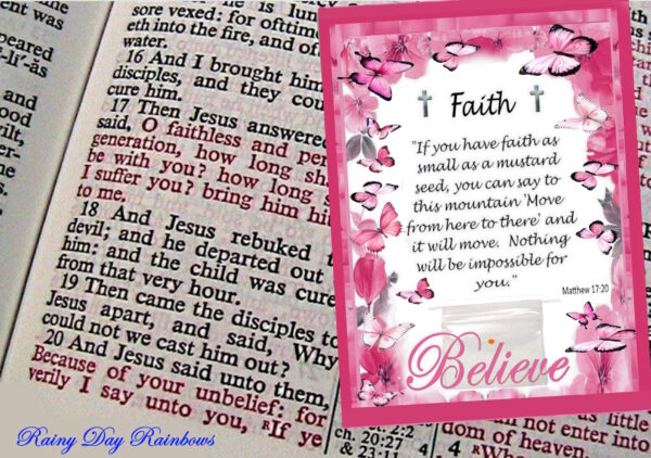 50 Mustard Seed Faith Pink Floral with Butterflies Faith Cards, Handmade, Mustard Seed Parable Matthew 17,  Matching Gift Card Included