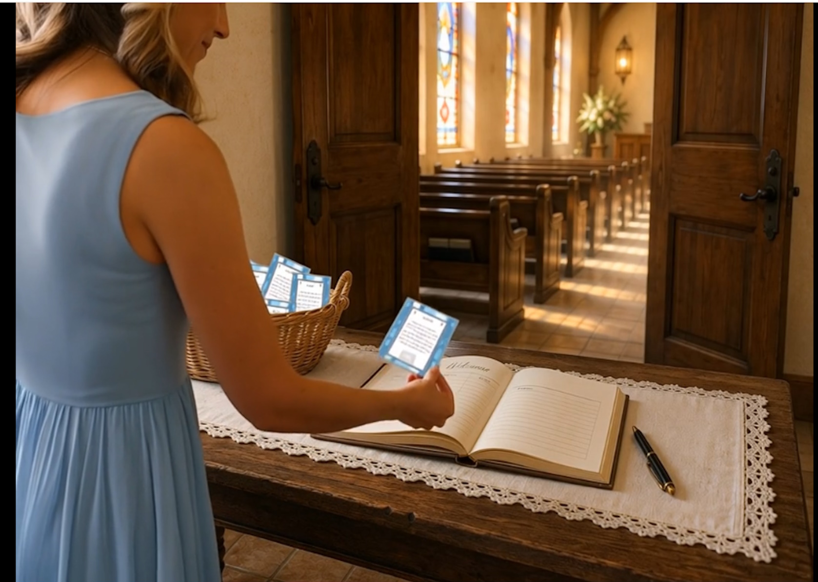 woman picking up blue butterflies card in foyer