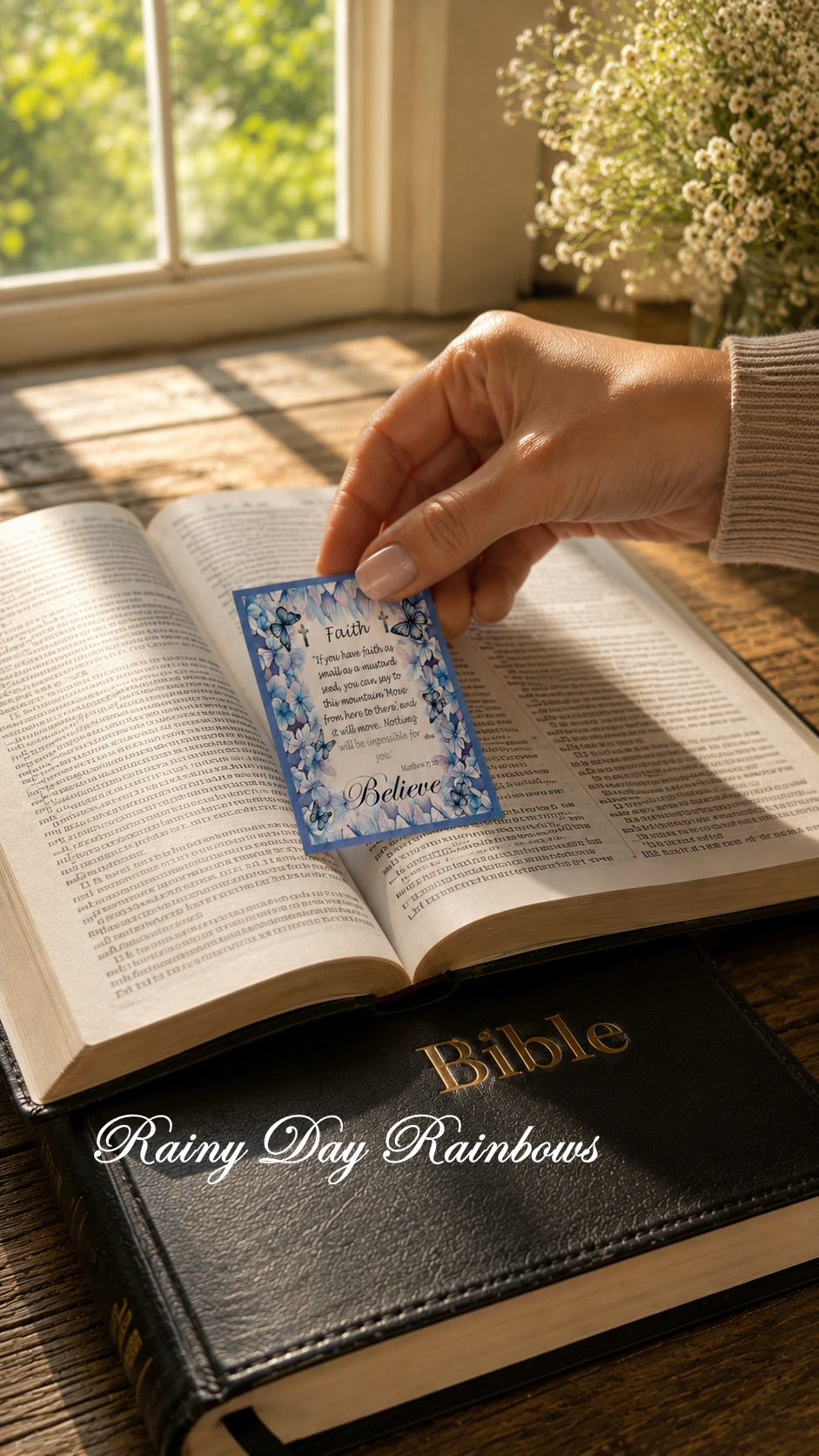 hand placing blue butterflies crd in book
