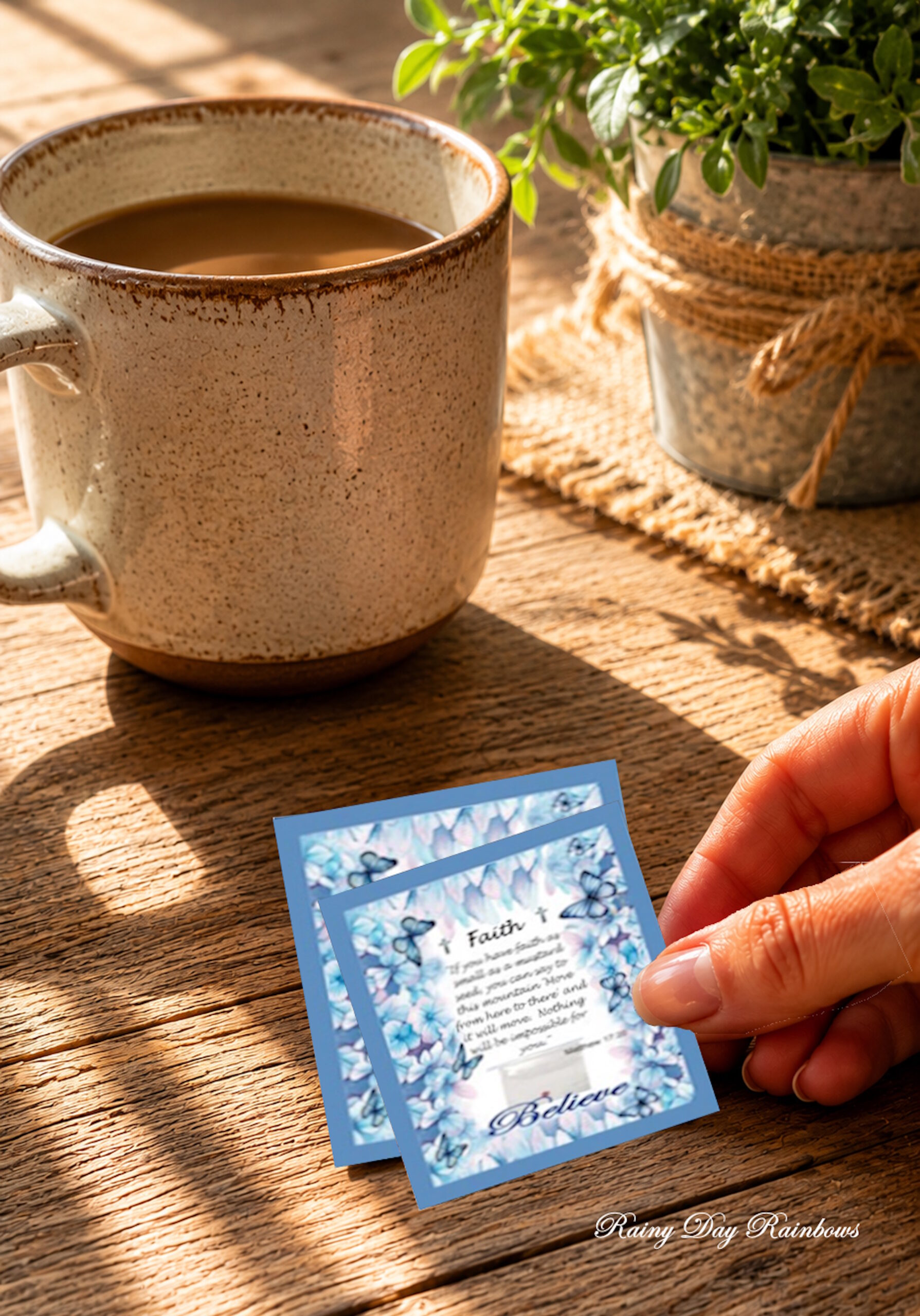 two blue butterflies mustard seed cards in hand